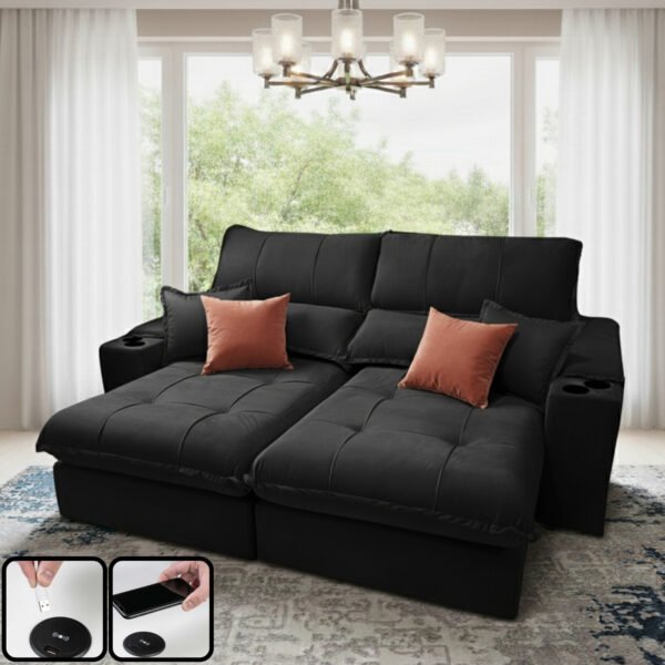 Sofá Retrátil e Reclinável Afrodite Slim 2,90 m Veludo Preto 111 – ZARAT ESTOFADOS