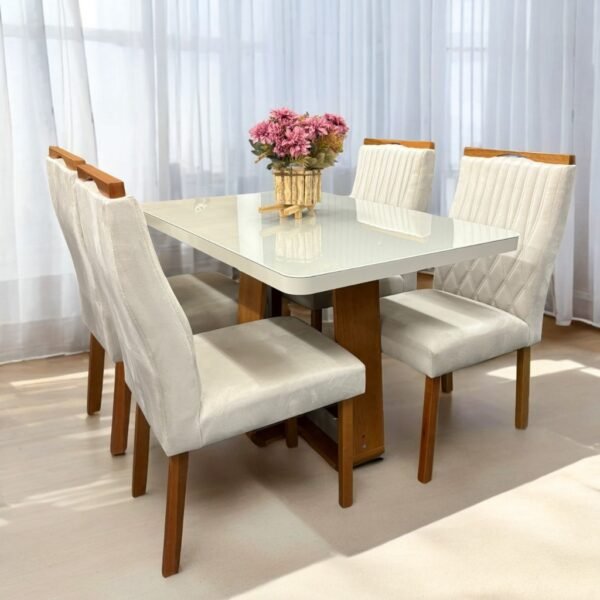 Mesa Sintonia (Tampo Maxi) 120x80 Amêndoa Clean/Off White com 4 Cadeiras Gênova Veludo Marfim