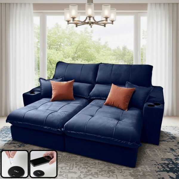 Sofá Retrátil e Reclinável Afrodite Slim 2,90 m Veludo Azul 104 – ZARAT ESTOFADOS