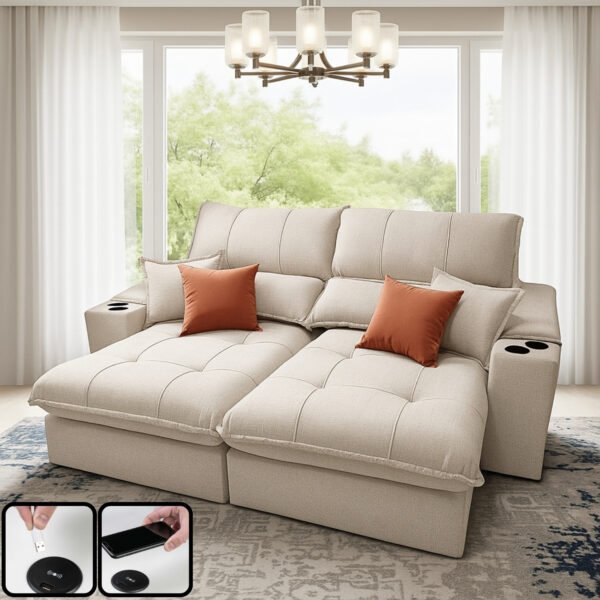 Sofá Retrátil e Reclinável Afrodite Slim 2,90 m Linho Bege 313 Confort 09 – ZARAT ESTOFADOS