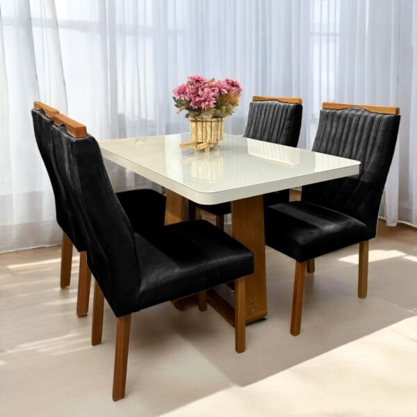 Mesa Sintonia (Tampo Maxi) 120 Amêndoa Clean/Off White com 4 Cadeiras Gênova Veludo Preto