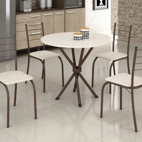 Conjunto Mesa Tubular Rio Marrom com 4 cadeiras Tampo Ardósia Circular Off White - 0,75x0,75