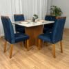Mesa de Jantar Helo 1.20x0.90 Com 4 Cadeiras Jasmim - Mel/Off White/Azul Veludo