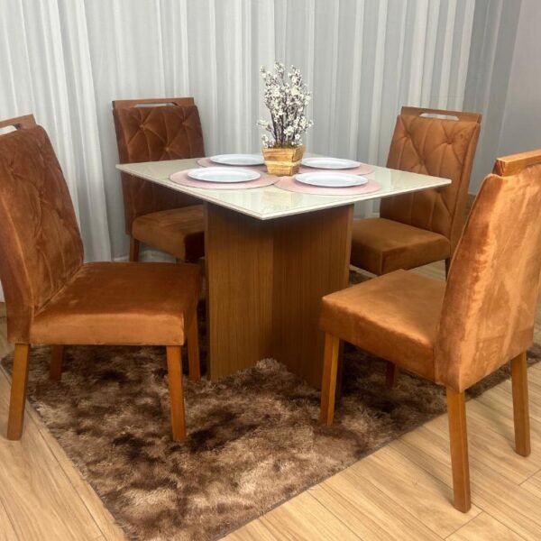 Mesa de Jantar Helo 0.90x0.90 Com 4 Cadeiras Jasmim - Mel/Off White/Terracota