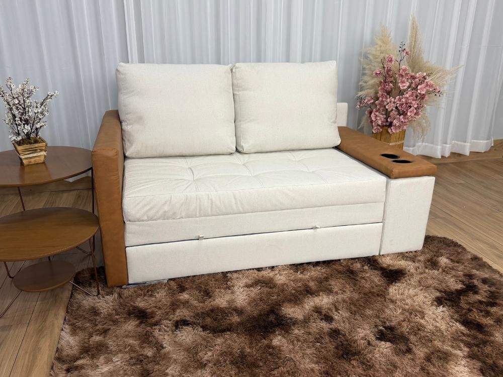 Sofa Cama Anis 1.60m - Bege Linho/Marrom Courino