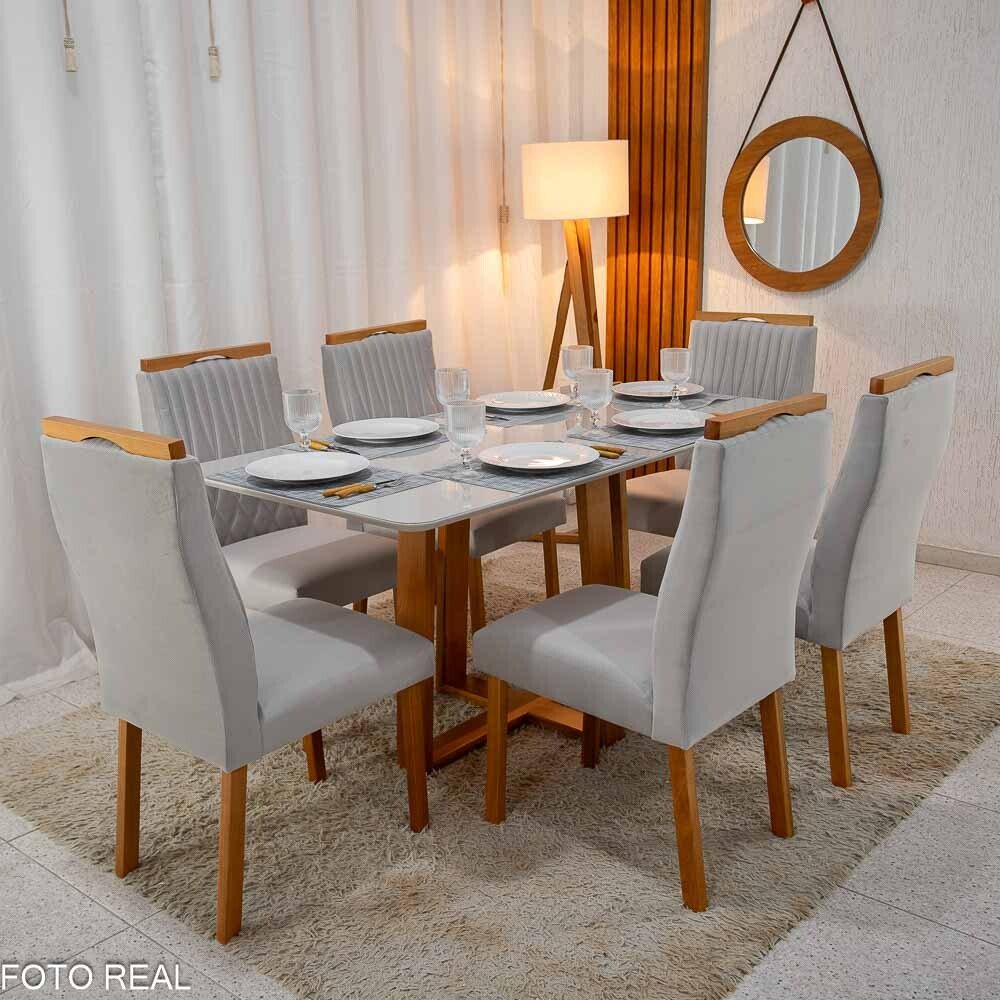 Mesa Pedro Mel Vidro OFF 160×80 6 Cadeiras Genova Veludo Prata 514 Madeira Maciça Art Assento - Entregue Montada - Imagem 2