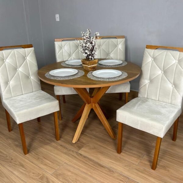 Mesa de Jantar Simpatia 1.08x1.08 Circular Com 4 cadeiras Jasmim - Cinamomo/Bege