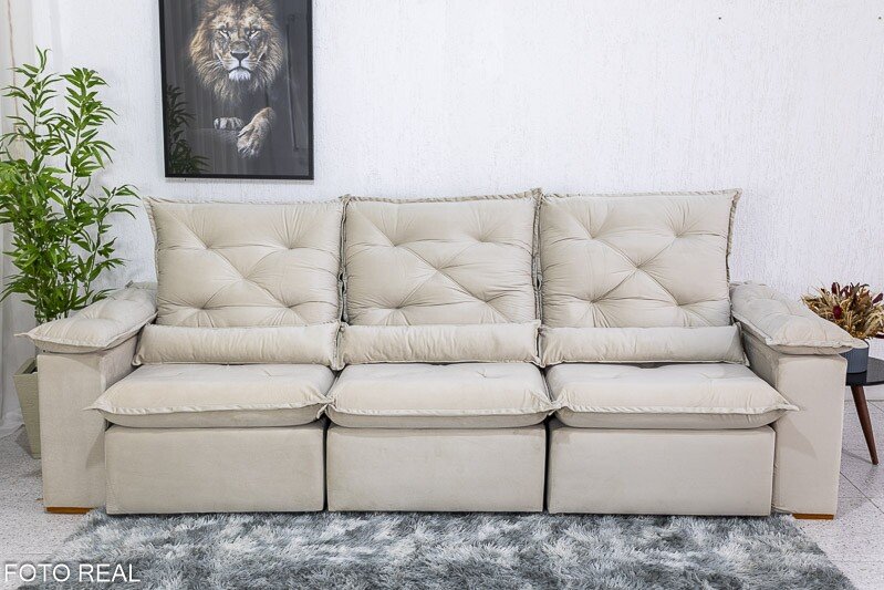 Sofá Retrátil Reclinável Roma 2.70m Veludo Bege 01 - D28 Soft - Imagem 6