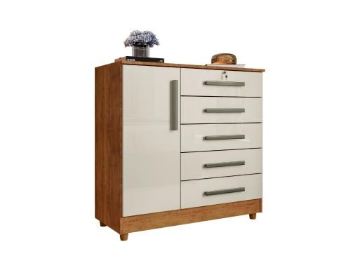 Cômoda Vitória 5 gavetas 1 porta - Cedro/Areia - Imagem 2