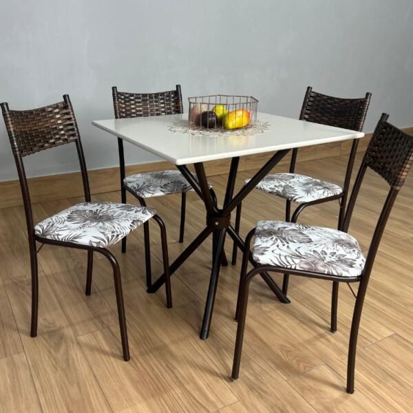 Conjunto Mesa Tubular Macaé Tampo Quadrado Com 4 Cadeiras Ratam  - Marrom/Off White
