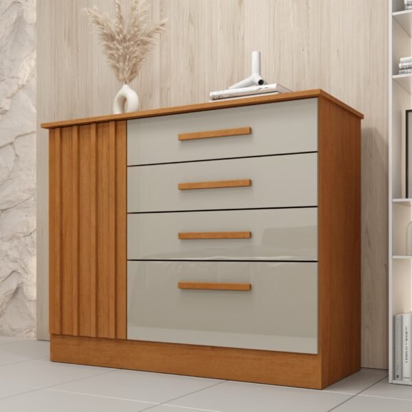 Cômoda Sapateira Guarani 4 Gavetas 1 Porta Tcil - Ripado Cinamomo/Off White