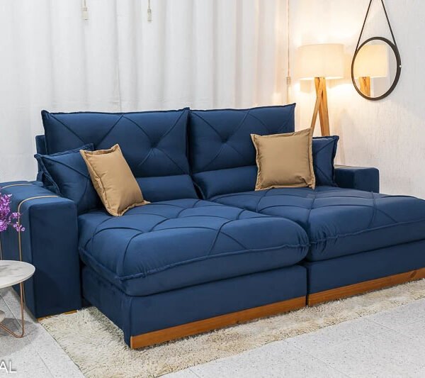 Sofá Retrátil Reclinável Gran Bello 2.00m Veludo Azul - Molas Ensacadas