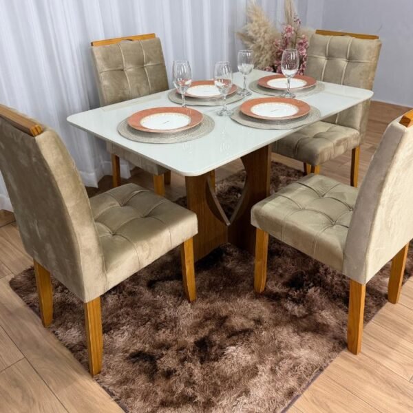 Mesa de Jantar Madri 1.20x0.80 Com 4 Cadeiras Londres - Cinamomo/Off white/Avelã Veludo
