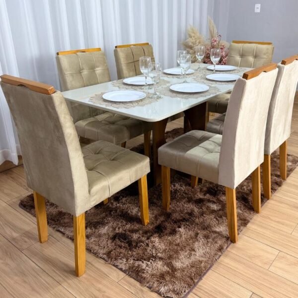 Mesa de Jantar Madri 1.60x0.80 Com 6 Cadeiras Londres - Cinamomo/Off white/Avelã