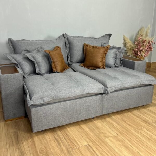 Sofá Retrátil Reclinável Gabriela 2,50m - Cinza Linho/Marrom Courino