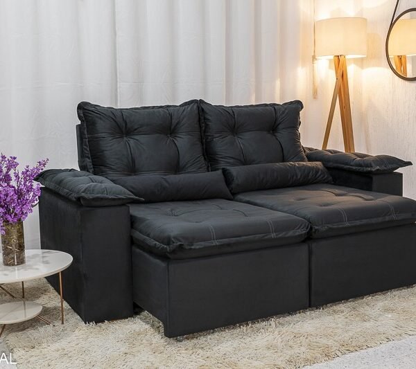 Sofá Retrátil Reclinável Grécia 2.00m Veludo Preto - Sem caixa