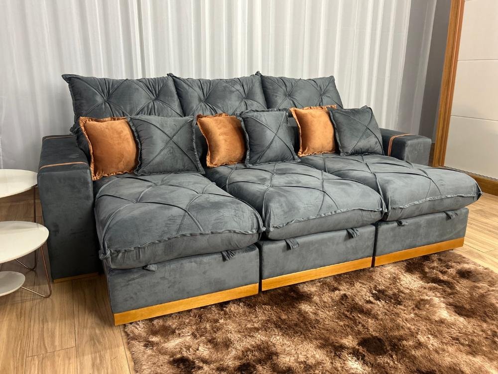 Sofá Retrátil Reclinável Pleno 3 Módulos 2.90m - Cinza Veludo