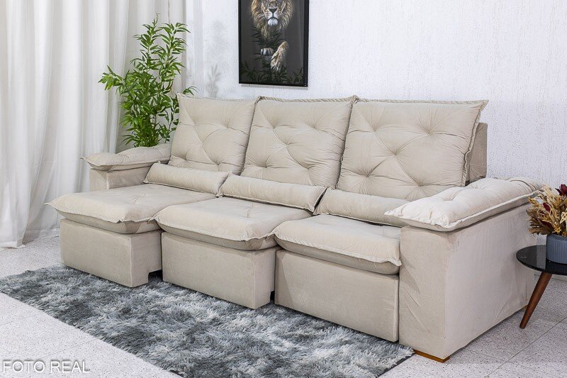 Sofá Retrátil Reclinável Roma 2.70m Veludo Bege 01 - D28 Soft - Imagem 2