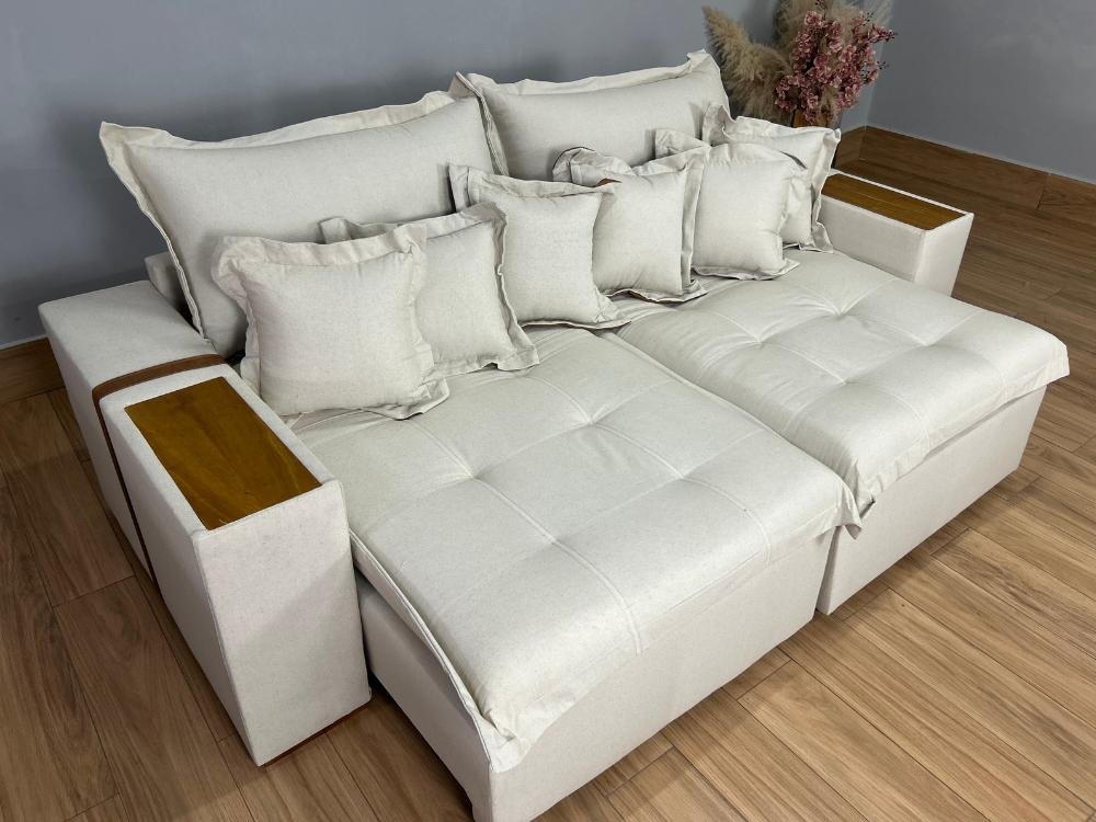 Sofá Retrátil Reclinável Gabriela 2,50m - Bege Linho/Marrom Courino - Imagem 6