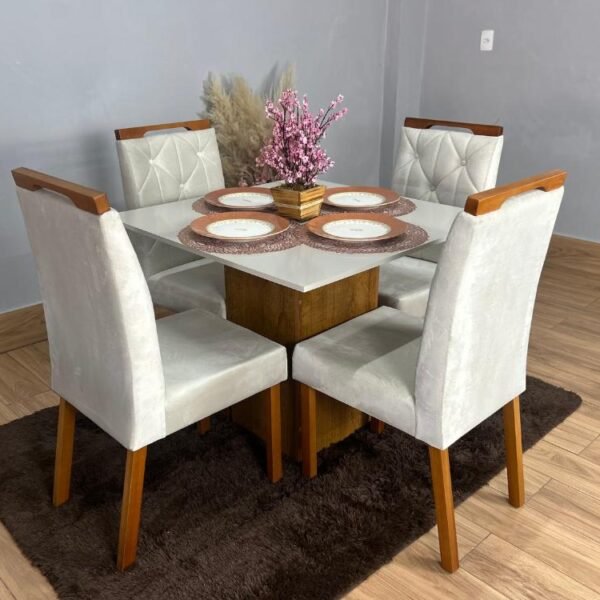 Mesa de Jantar Dakota Plus 90x90 c/ 4 Cadeiras Jasmim - Cinamomo/Off White/Bege Veludo