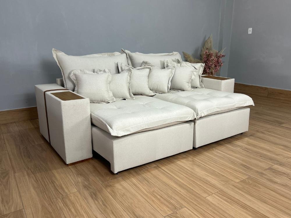 Sofá Retrátil Reclinável Gabriela 2,50m - Bege Linho/Marrom Courino - Imagem 3