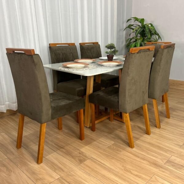 Mesa de Jantar Bali 1.60×0.80 Com 6 Cadeiras Isa – Cinamomo/Off White/Marrom Veludo