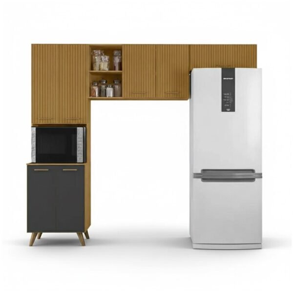 Armário Cozinha Olinda Freijó/Grafite Paneleiro + Aéreo 1.05m + Aéreo de Geladeira Ripado 3D - Poliman