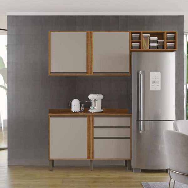 Balcão Pérola Cinamomo/Off 1.20m + Aéreo 2 Portas 1.20m Cinamomo/Off + Armário de Geladeira Pérola Cinamomo - Sallêto