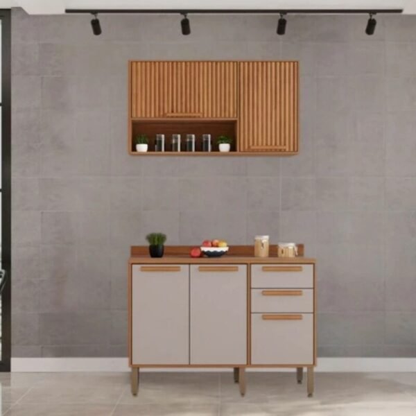 Balcão Flórida 3 Portas 2 Gavetas Larg. 1.20m + Armário Aéreo Florida 2 Portas Larg. 1.20m Ripado Cinamomo/Off - Sallêto