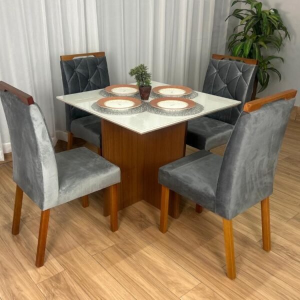 Mesa de Jantar Helo 0.90x0.90 Com 4 Cadeiras Jasmim - Mel/Off White/Cinza Veludo
