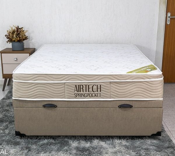 Box Baú Casal Eli Korino Bege Blindado + Colchão Casal Airtech Springpocket 138x188x67 Ortobom