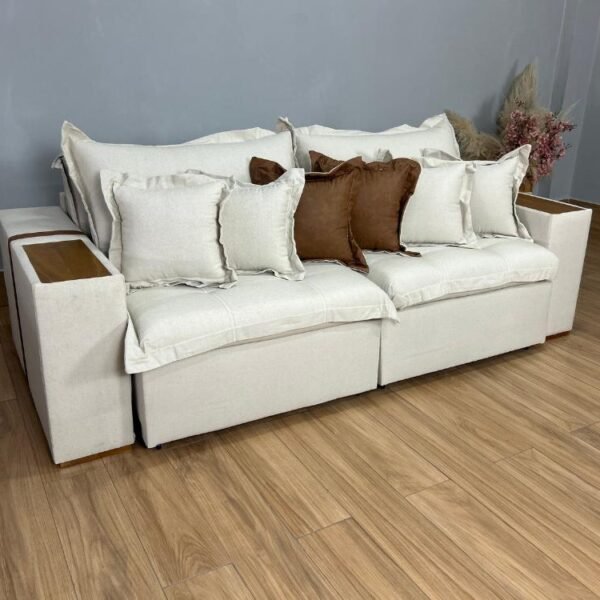 Sofá Retrátil Reclinável Gabriela 2,50m - Bege Linho/Marrom Courino