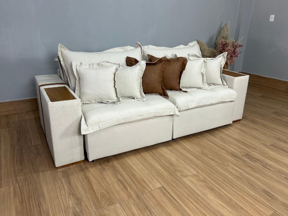 Sofá Retrátil Reclinável Gabriela 2,50m - Bege Linho/Marrom Courino