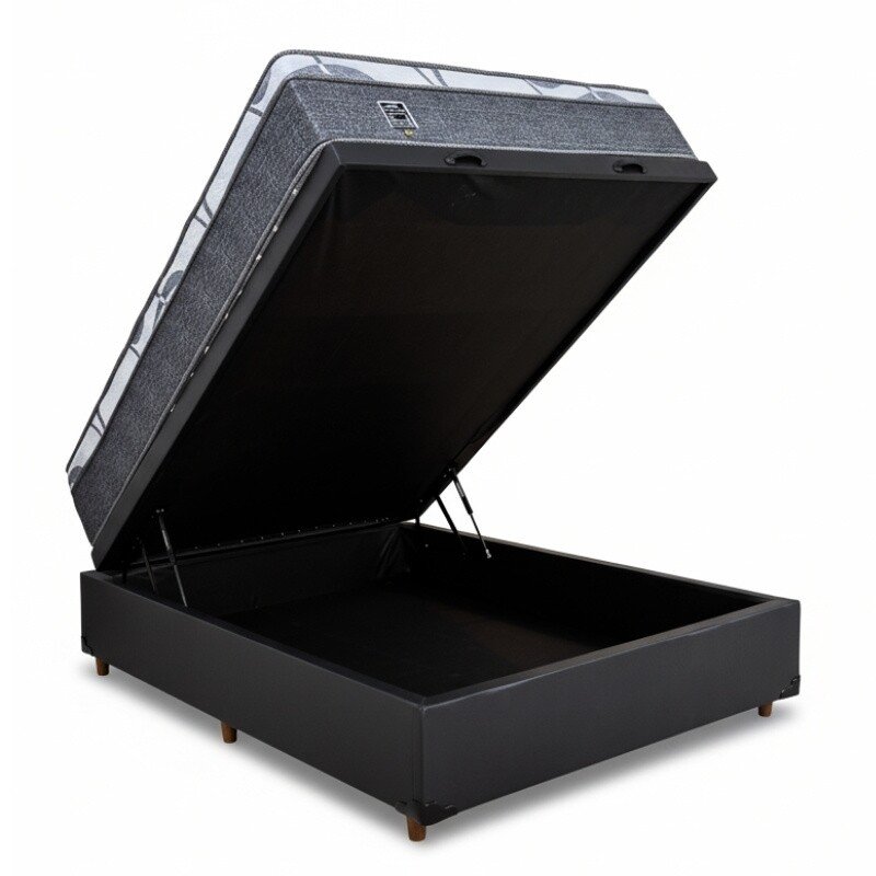 Box Baú Casal Eli Korino Preto Blindado + Colchão Casal Madrid Euro Molas Ensacadas 138x188x75 - Umaflex | Suporta até 240kg - Imagem 2