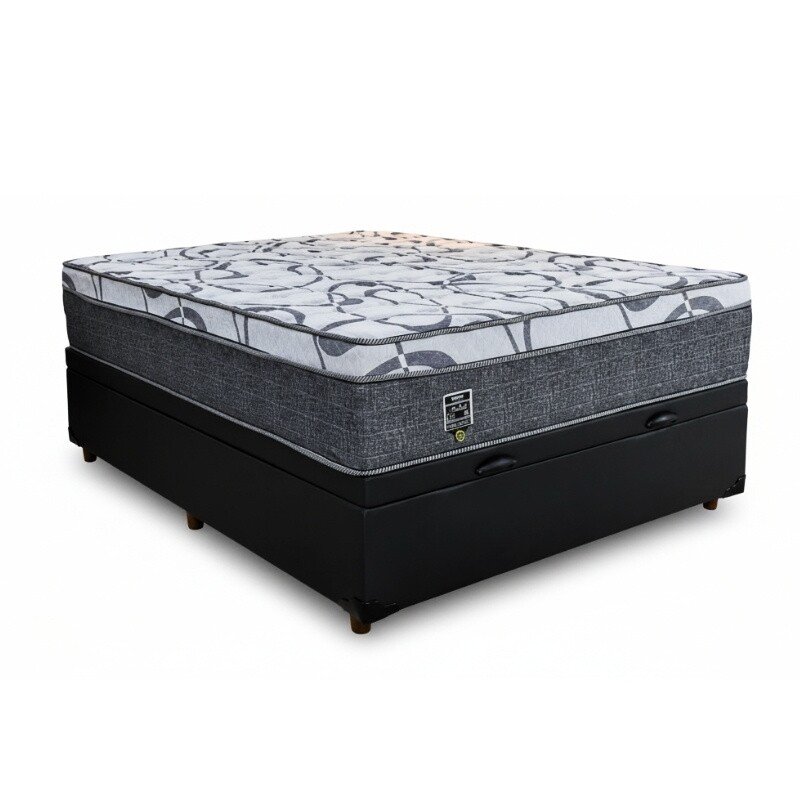 Box Baú Casal Eli Korino Preto Blindado + Colchão Casal Madrid Euro Molas Ensacadas 138x188x75 - Umaflex | Suporta até 240kg
