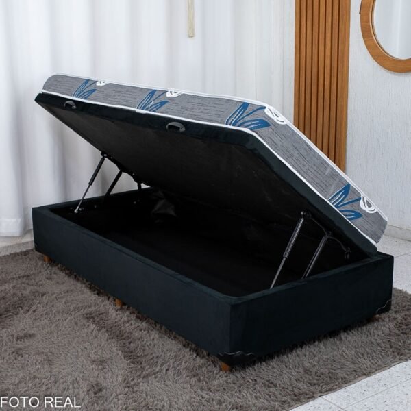 Box Baú Solt. Pop Veludo Preto Nature + Colchão Solt. Soffie Lotus 100% Espuma D20 88x188x49 - Nosso Sonho