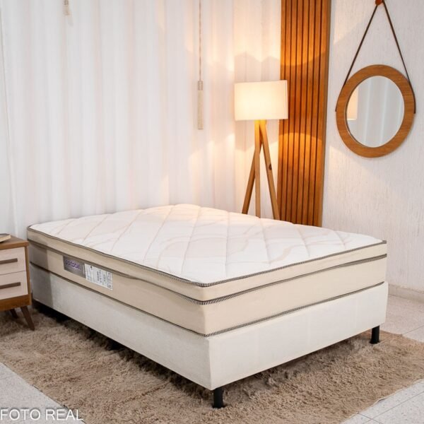 Box Casal Sued Bege Nosso Sonho + Colchão Casal Ipanema Molas Ensacadas 138x188x63 Portobel | Suporta até 240kg