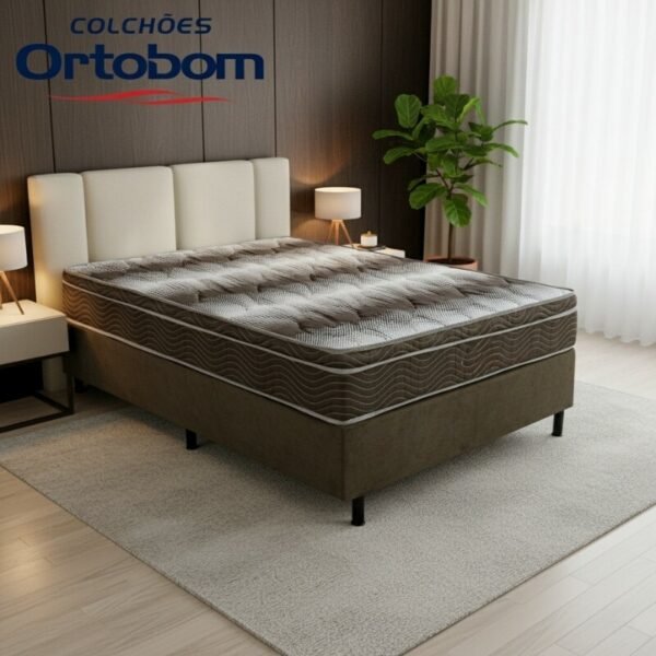 Box Casal Sued Marrom Nosso Sonho + Colchão Casal Ortopédico Light 138x188x62 - Ortobom