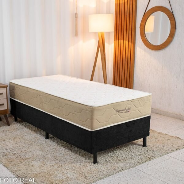 Box Solt. Sued Preto Nosso Sonho + Colchão Solteiro Supreme Pocket Molas Ensacadas 88x188x62 - Inovaflex | Suporta até 120kg