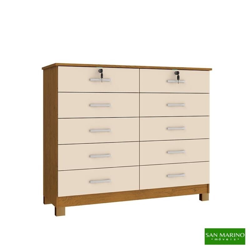 Cômoda Lucca Larg. 1.18m Noce TX/Pérola 10 Gavetas C/Pés - San Marino
