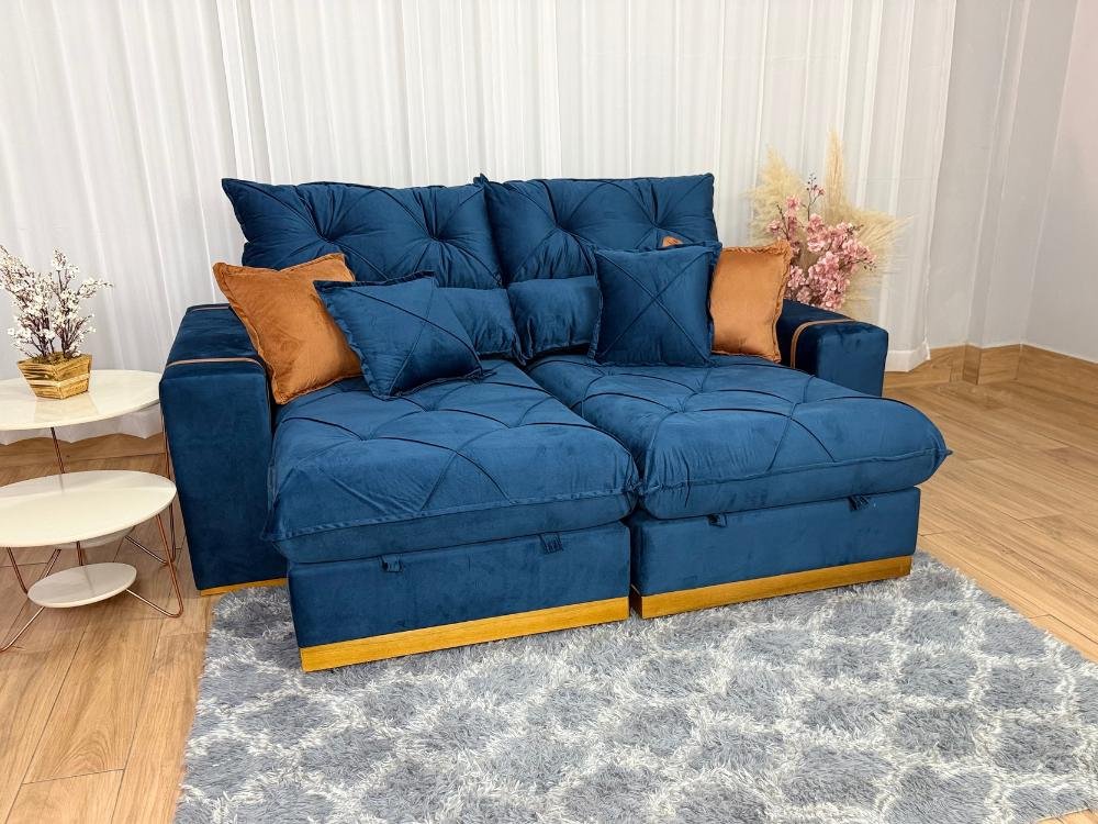 Sofá Retrátil Reclinável Pleno 2.10m - Azul Veludo