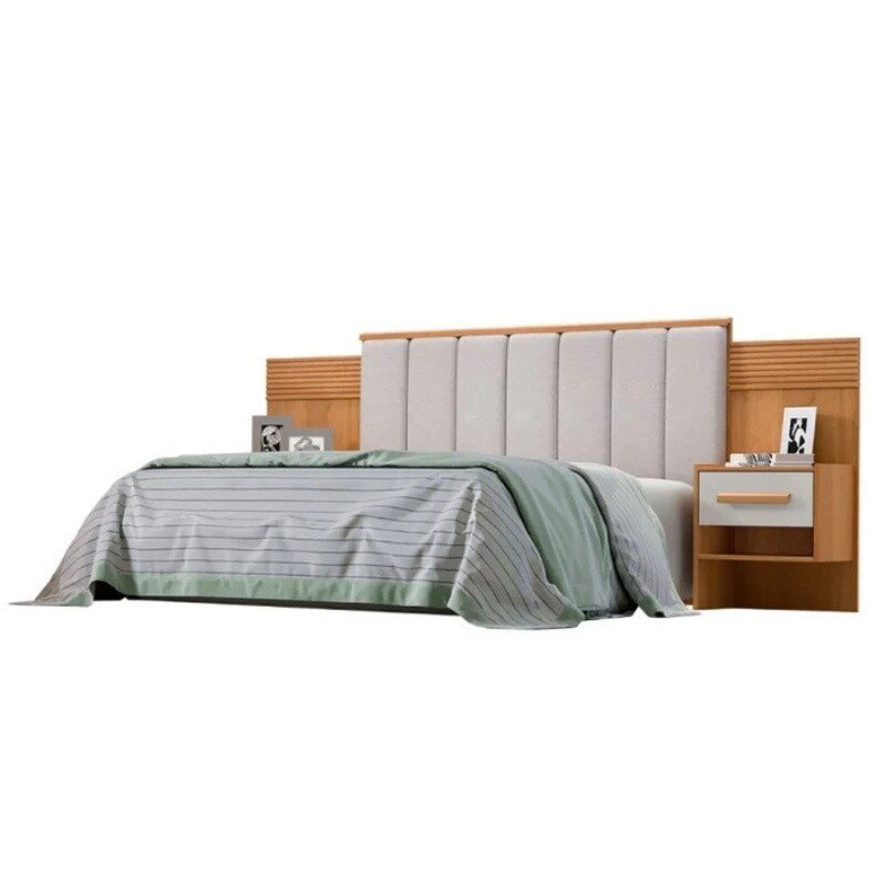 Cabeceira Queen Íris Larg. 1.60m Acolchoada Linho Bege e Detalhe Ripado Cinamomo/Off D Doro