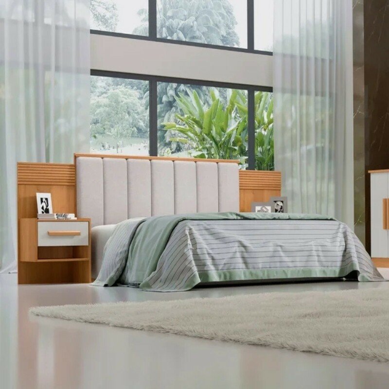 Cabeceira Casal Íris Cinamomo/Off Larg. 1.40m Acolchoada Linho Bege e Detalhe Ripado - D Doro - Imagem 2