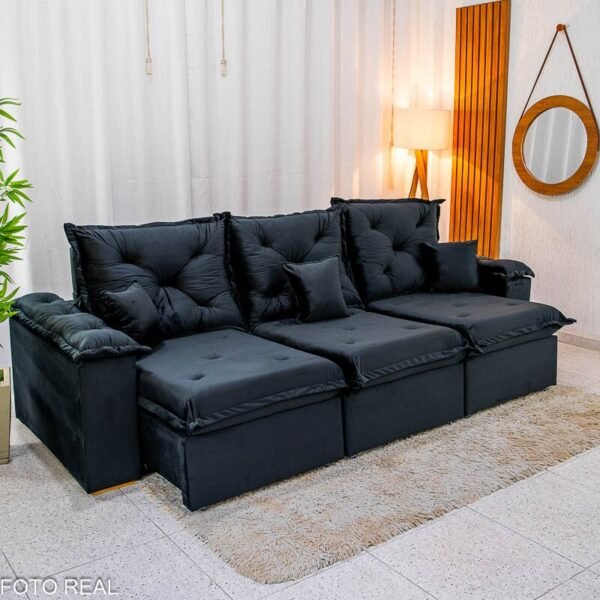 Sofá Retrátil Reclinável Porto Madri 2.70m Veludo Preto - D28 Pró Aditivada