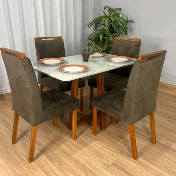 Mesa de Jantar Bali 1.20x0.80 Com 4 Cadeiras Isa - Cinamomo/Off White/Marrom Veludo