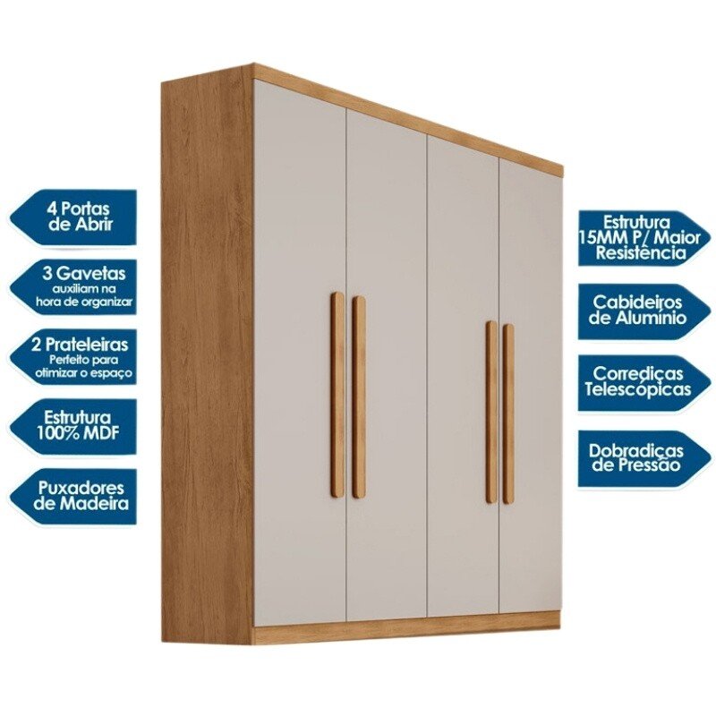 Guarda-roupa Império Nature/Off 4 Portas 3 Gavetas Larg. 1.80m 100% MDF Rufato - Imagem 3