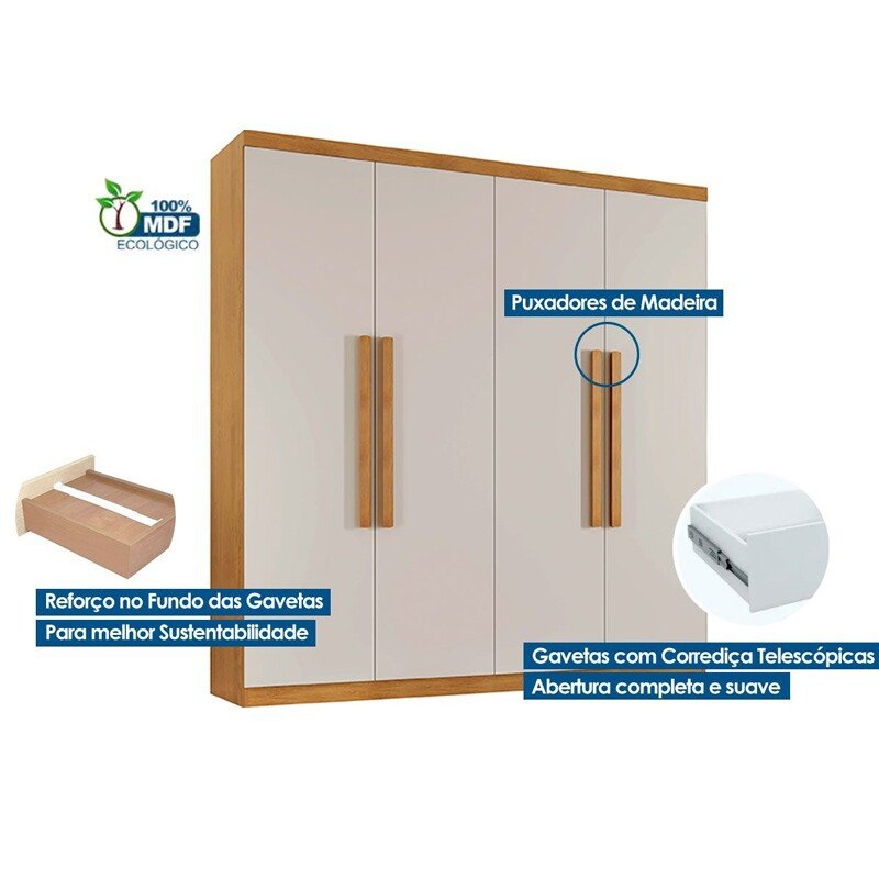 Guarda-roupa Império Nature/Off 4 Portas 3 Gavetas Larg. 1.80m 100% MDF Rufato - Imagem 4