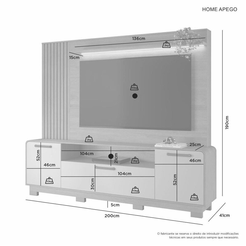 Home Apego Larg. 2.00m Cinamomo/Off C/ Luminária LED e Detalhe Ripado TV até 65" - JCM - Imagem 4