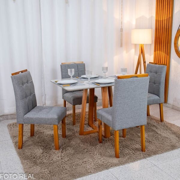 Mesa de Jantar Bali 120×80 Vidro Off/Base Madeira + 4 Cad. Londres Linho Cinza Madeira Minas Plac - Entregue Montada