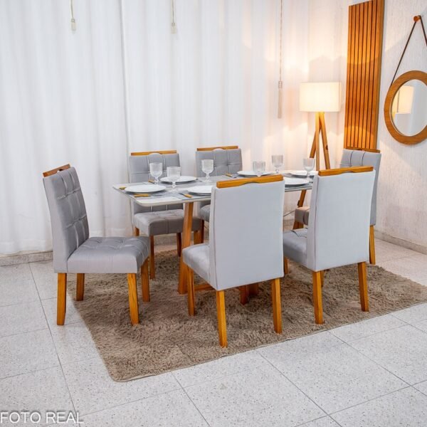 Mesa de Jantar Bali 160×80 Vidro Off/Base Madeira + 6 Cad. Londres Veludo Prata Madeira Minas Plac - Entregue Montada
